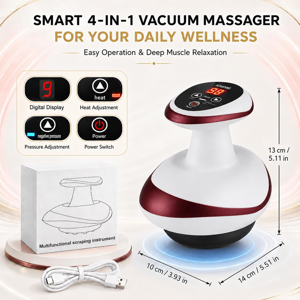 Masajeador Anticelulitico Reductor, 4 En 1 Maquina Anticelulitis con Terapia de Calor, Portátil Ventosa al Vacío y Gua Sha, Masajeador Celulitis Vacumterapia, Aparato Celulitis Electrico (Rojo)