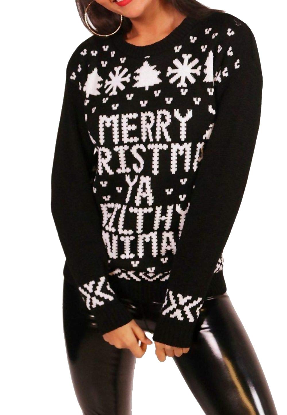 Divadames Womens Christmas Jumpers Ladies Xmas Jumpers Winter Knitwear Womens Reindeer Xmas Jumper Snowflake Jumper Slogan Jumpers Pom Pom Rudolph Jumper (UK, Numeric, 14, Regular, Regular, Black)