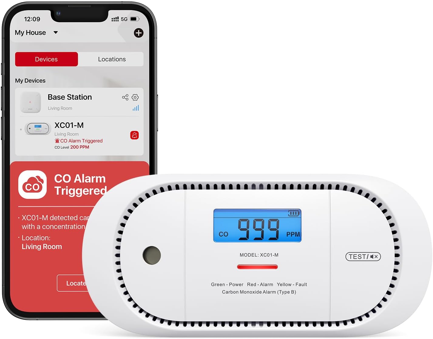 X-Sense XC01-M Carbon Monoxide Alarm with smartphone app displaying an alarm