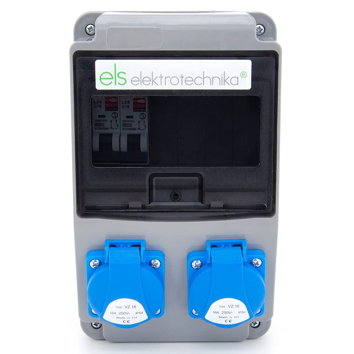 ELS Elektrotechnika distributore cablato da cantiere distributore da parete distributore di potenza con fusibili e prese Schuko 2x230V+2x interruttori magnetotermici C16, per ambienti interni/esterni