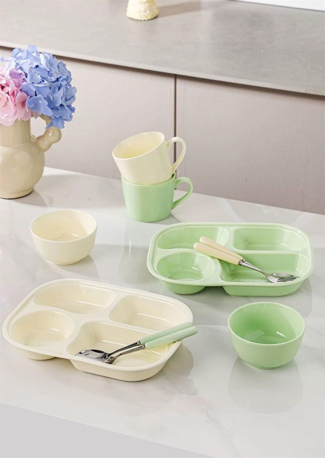 Meiiron Assiettes de service, assiettes à dîner 5 sections, couverts, vaisselle(Green-3Pcs)