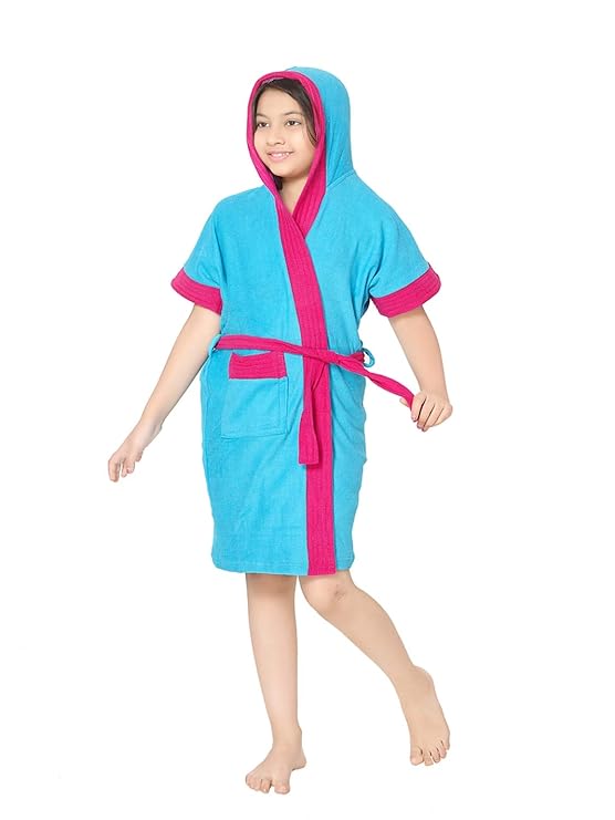 Sand Dune - Turquoise Color with Rani Pink Border Kids Hood Bathrobe for Girls - 100% Terry Cotton Bathrobe Gown - Half Sleeves, Knee Length, Pocket with Waist Belt - Children Hodded Bath Robe for Age Group Between 4 to 5 Years