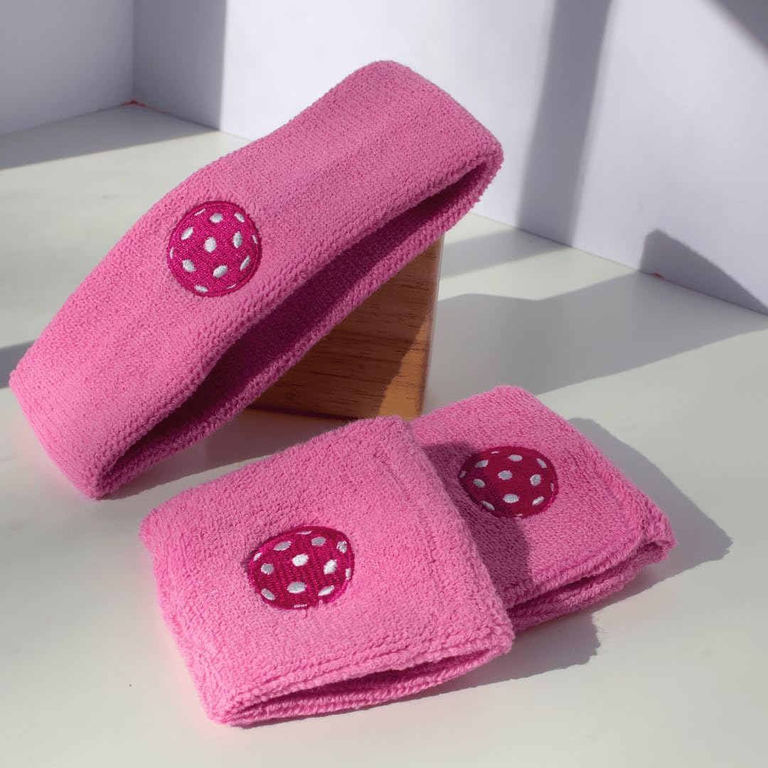 Pickleball Headband, Sweatband Set | Pickleball Equipment | Pickleball Gift | 100% Cotton Absorbent Terry Cloth (Pink)