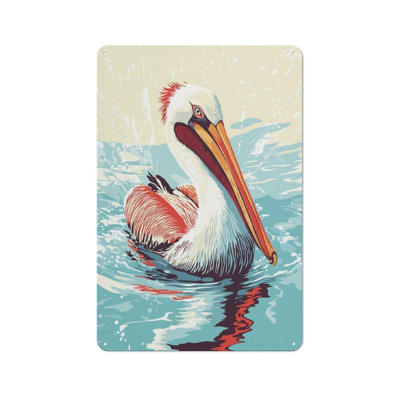 Junmoney Style-14 Urban Pelican In Water Illustration Decorative Metal Plaque 30X20cm, Urban Room Decor For Flat, Bar, Studio Or Gallery Wall