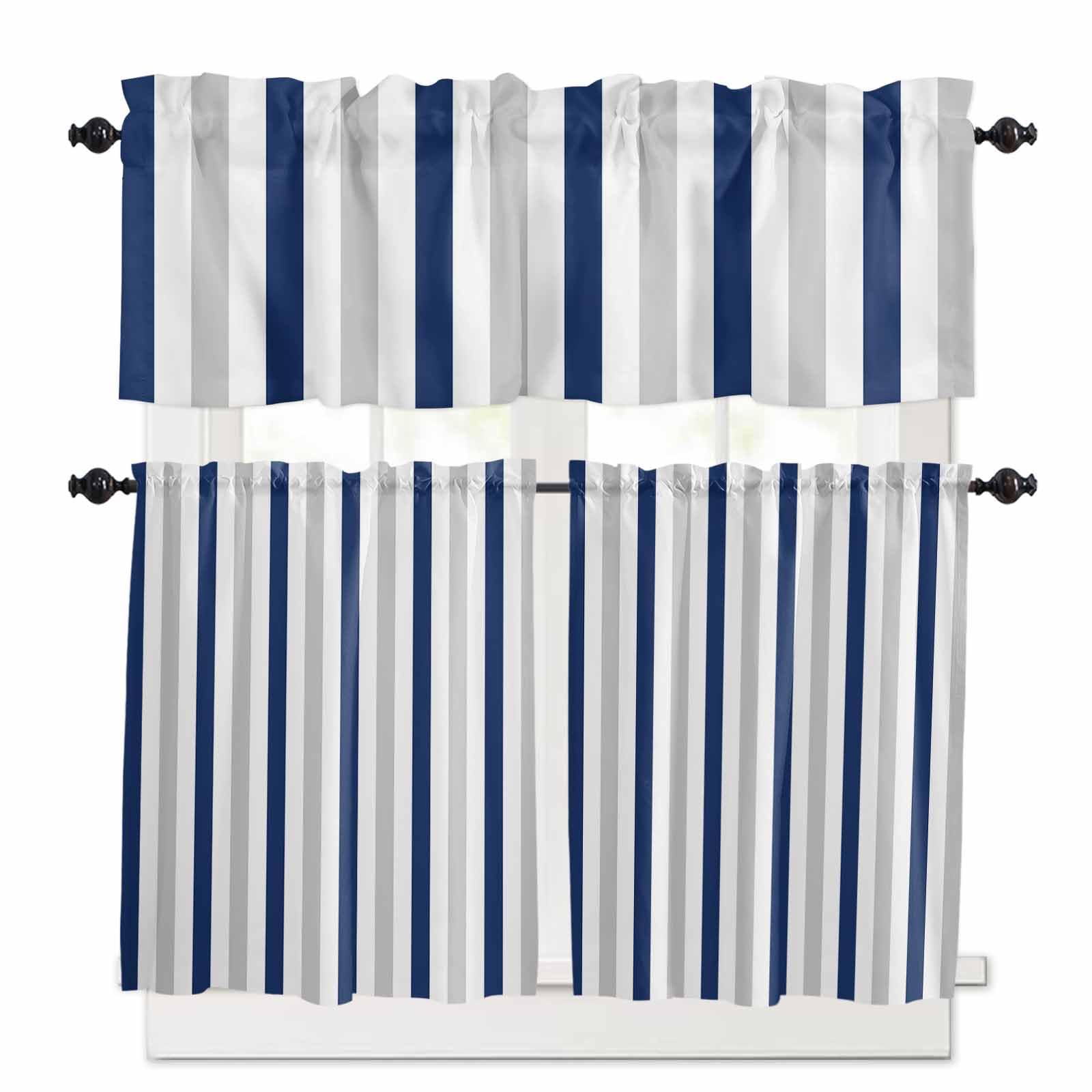 Navy Blue Stripe Kitchen Curtains 36 Inch Length,3 Piece Rod Pocket Small Half Tiers and Valance Set,Geometric Grey White Vertical Striped Small Large Window Treatment Decor for Bedroom/Bathroom Sink