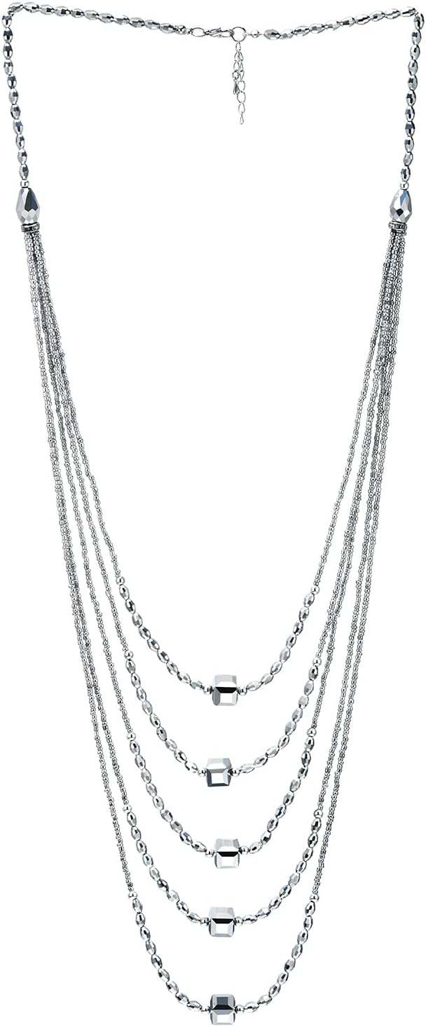 COOLSTEELANDBEYOND Long Layered Statement Necklace Multi-Strand Waterfall Sparkling Crystal Beads Draped Chains Layered