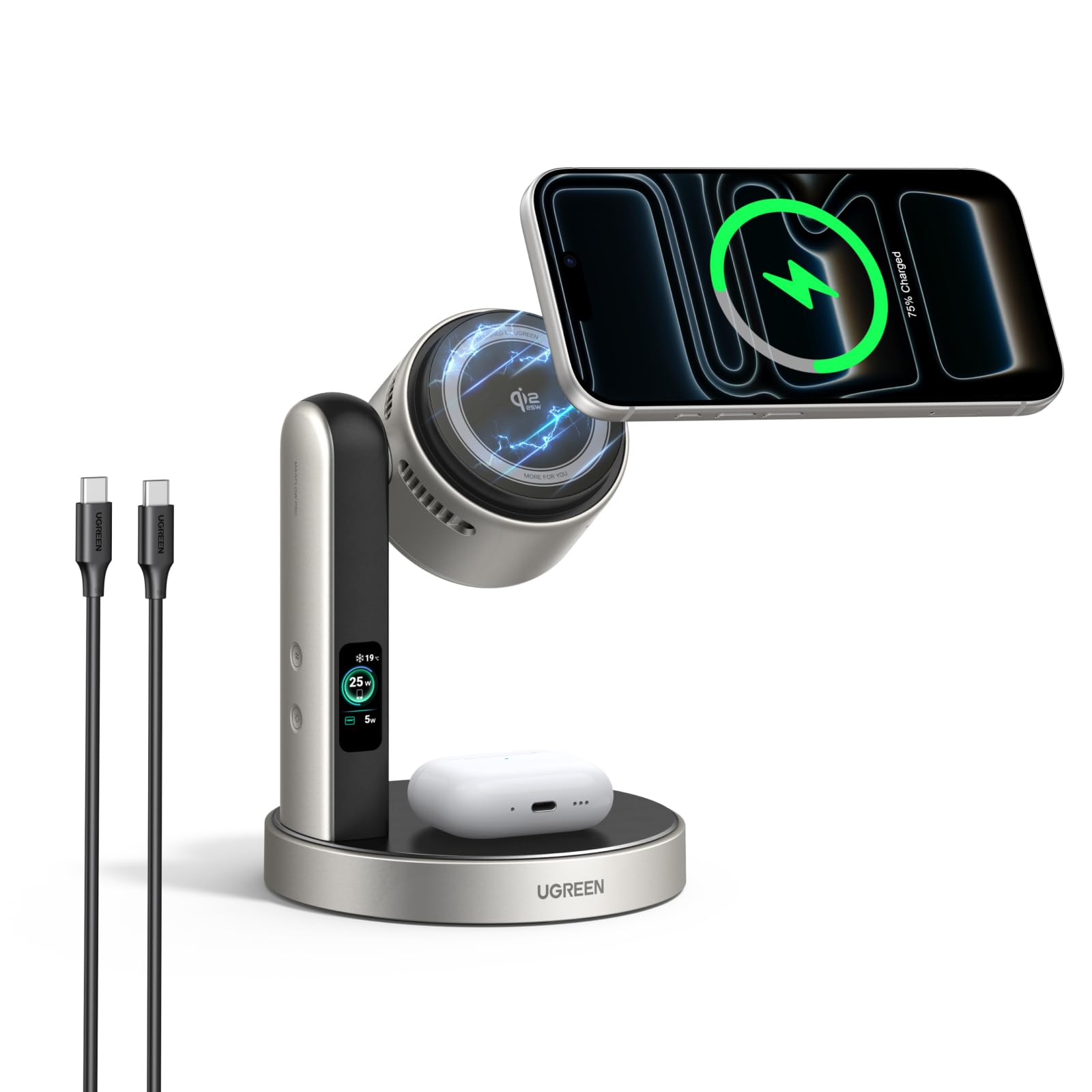 UGREEN MagFlow Pro 2 en 1 Chargeur Induction Qi2 25W, Ventilateur TEC