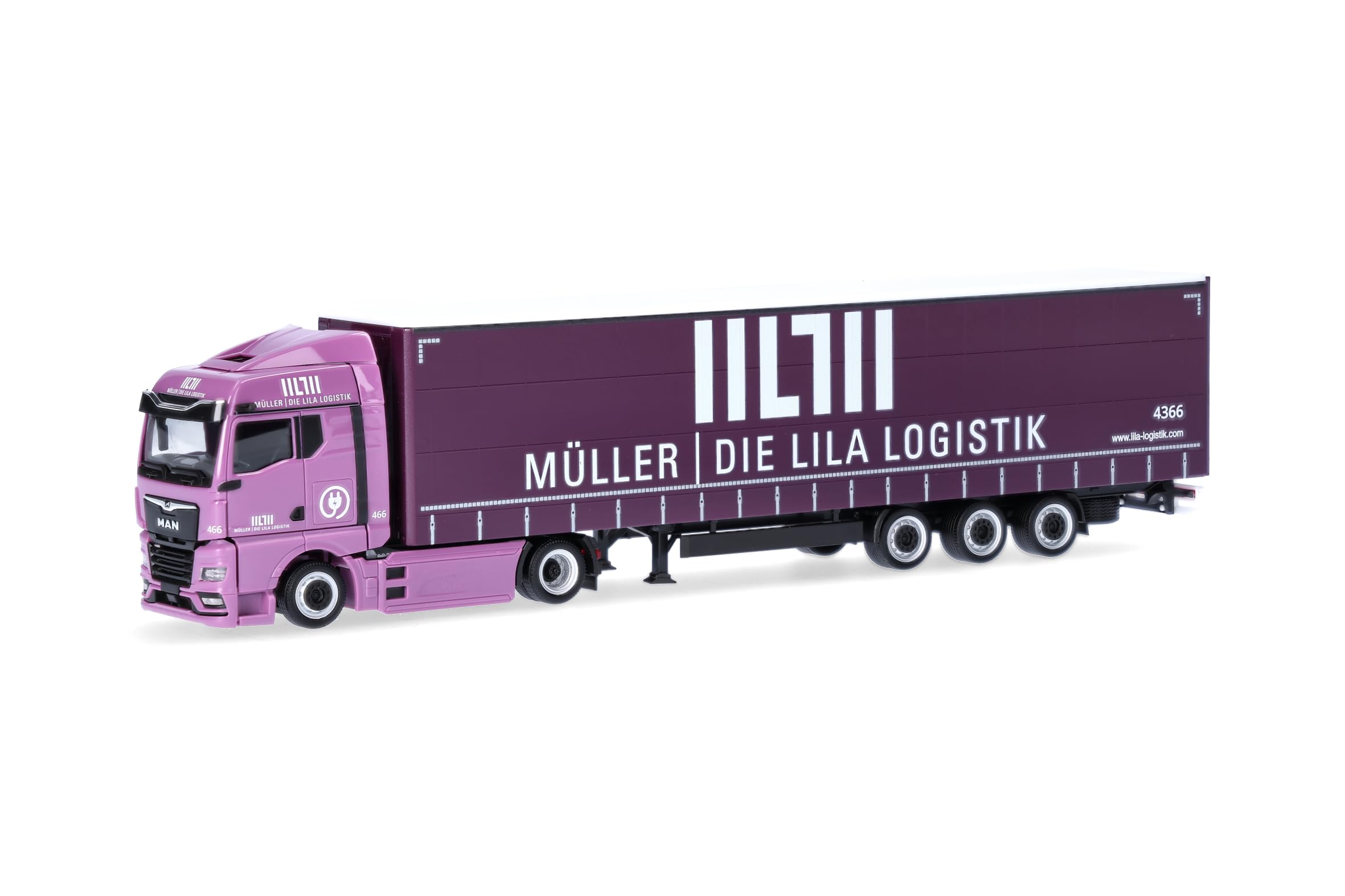Herpa Model ciężarówki MAN eTGX GM naczepa z plandeką o zwiększonej pojemności „Müller - Die lila Logistik”, skali 1:87, model kolekcjonerski, wyprodukowany w Niemczech, wykonany z tworzywa sztucznego