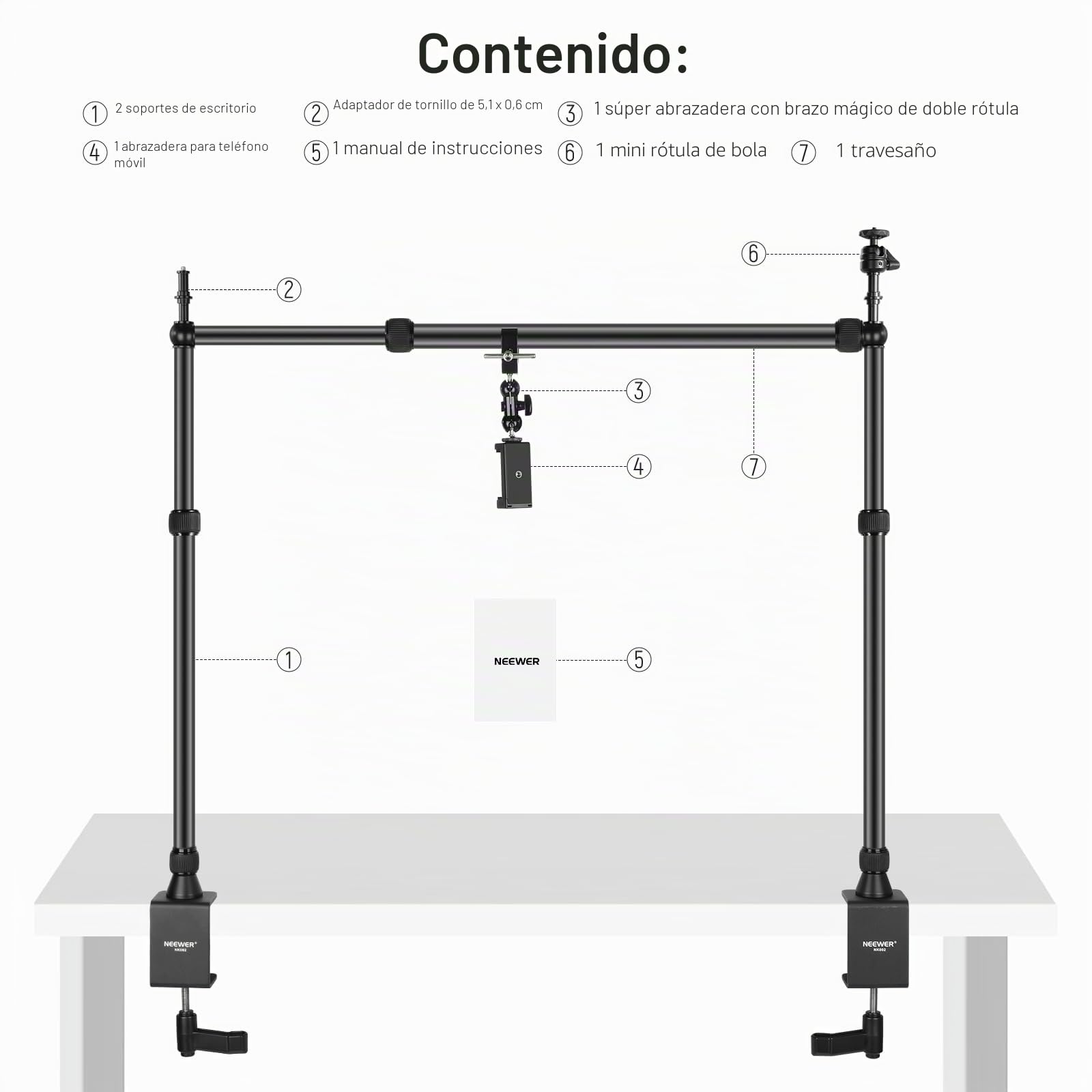 NEEWER Overhead Camera Mount Rig con Súper Abrazadera de Doble Cabezal/Soporte Móvil Escritorio, Soporte Cámara Cenital Plataforma Montaje de Múltiple Dispositivo Fotografía, Carga Máxima 12kg, NK002