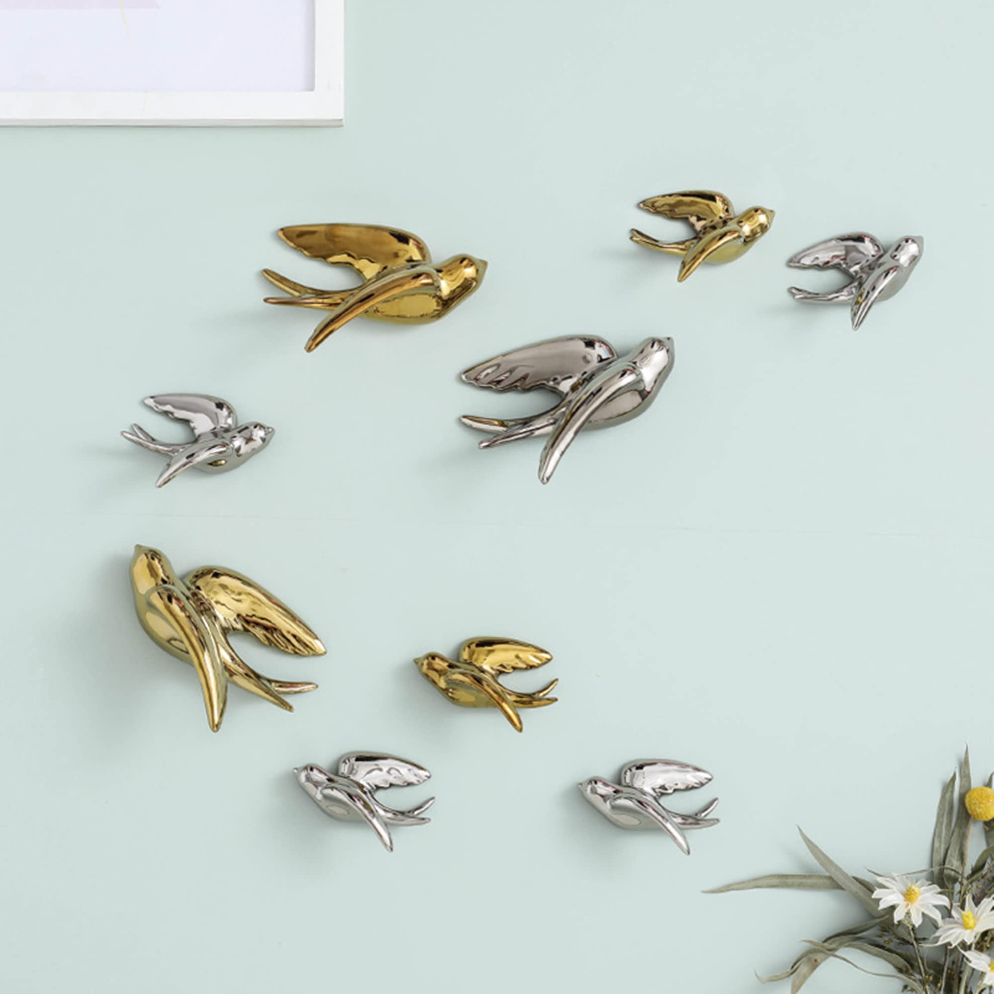 Dekoracje ścienne 3D, Ceramiczna dekoracja ścienna 3D z jaskółkami i wróblami do salonu(Silver Right,16.5L x 12.5W cm)