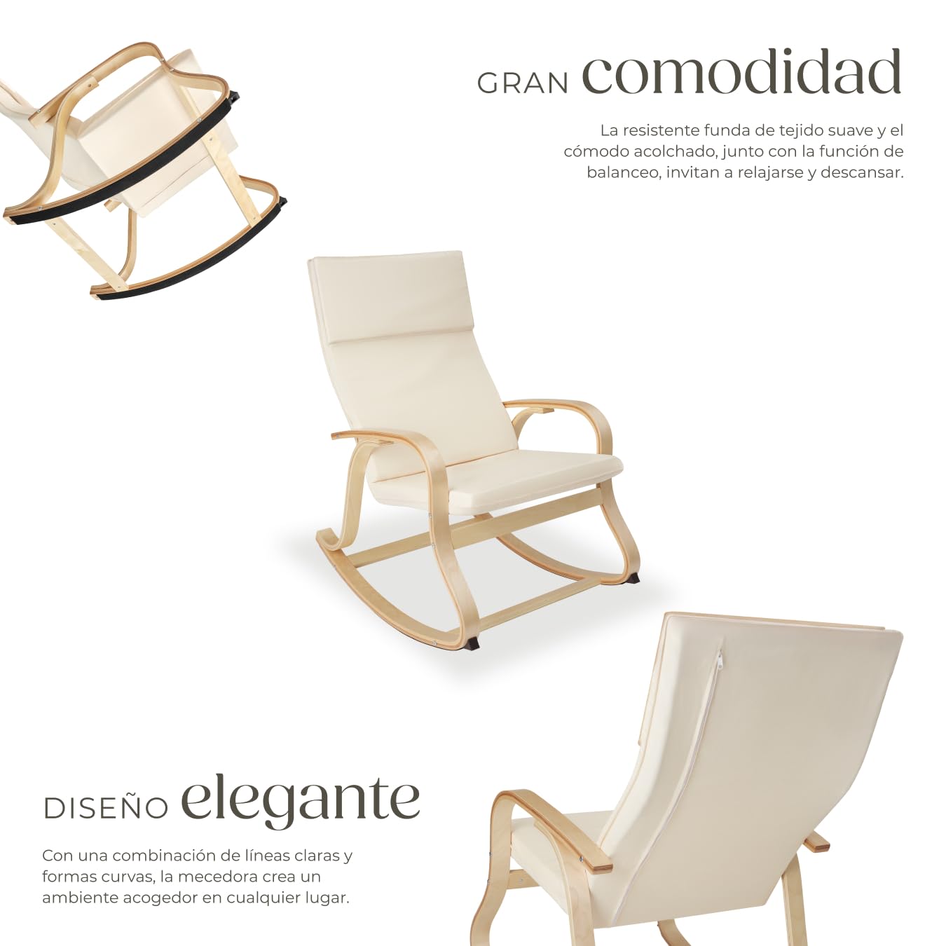 tectake 801034 - Mecedora Roca de Madera de Abedul 150kg, Silla Mecedora, Oscilante, Sillón Ergonómico para Balanceo (Beige)
