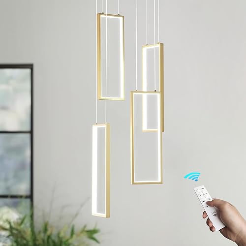 FDPBY Lámpara de araña moderna LED ajustable de oro con 4 anillos, lámpara rectangular para sala de estar, vestíbulo, lámpara de techo alto, lámpara