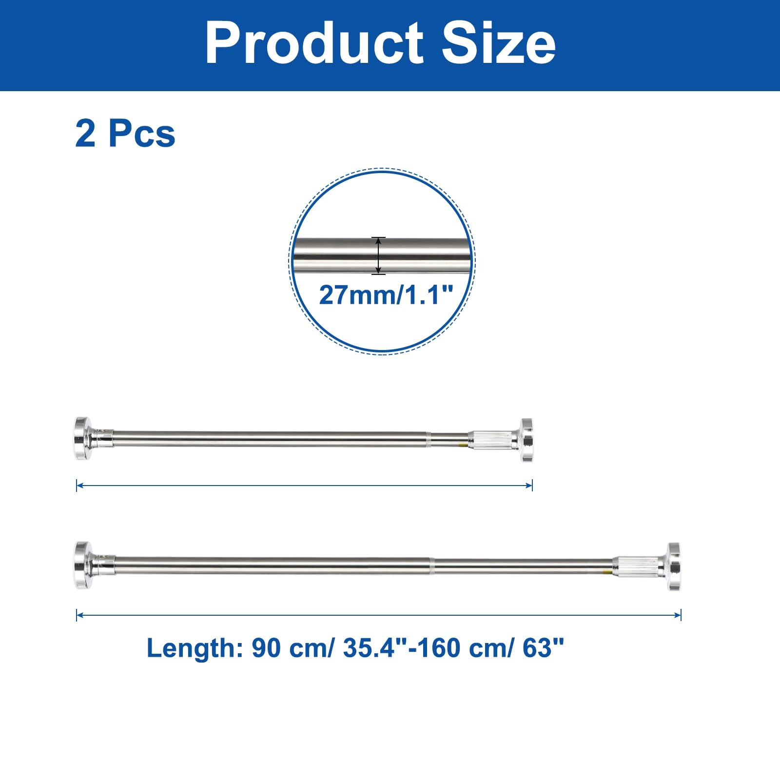 Lot de 2 tringles à rideaux réglables de 91,4 cm à 160 cm en acier au carbone sans perçage pour fenêtres, portes, armoires – Finition argentée