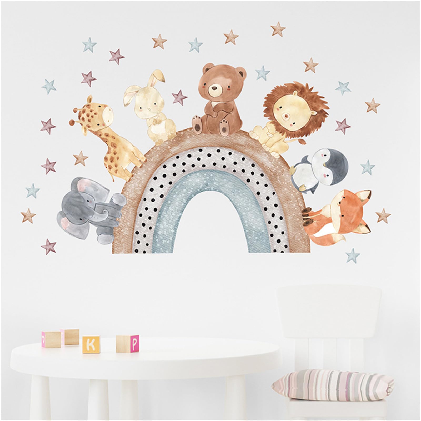 Boho Stars Rainbow Wall Decals Cartoon Forest Baby Animals Wall Sticker Lion Elephant Giraffe Peel and Stick Bedroom Baby Nursery Kids Room Daycare
