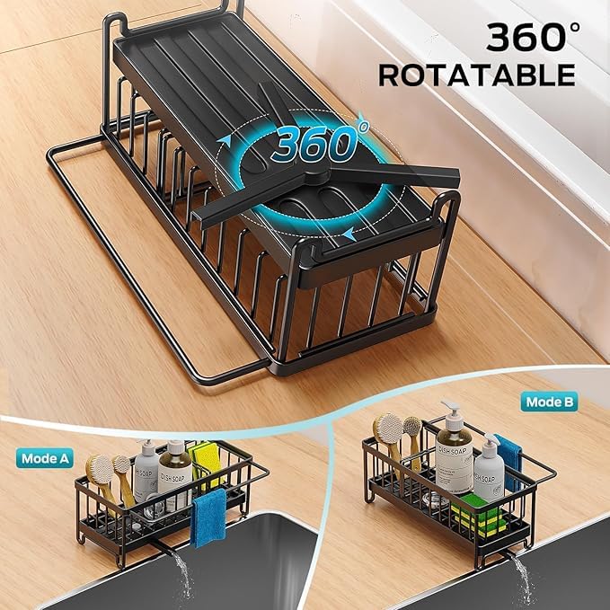 Kysren Kitchen Sink Caddy Organizer: Sponge Holder for Kitchen Sink with Towel Rack and Auto Draining Tray, Stainless Steel Dish Soap Holder with Removable Divider
