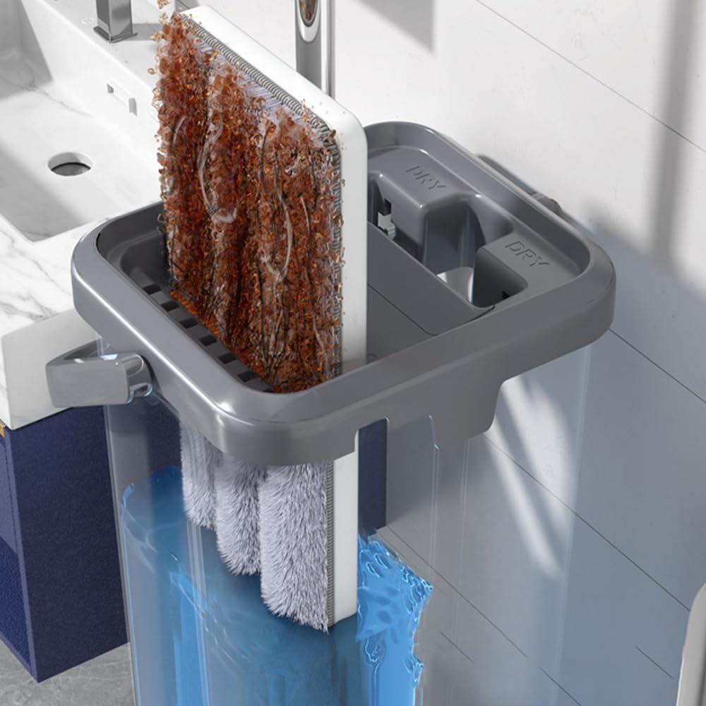 VALINK Juego de fregona y cubo con escurridor, juego de fregona plana de microfibra y cubos, almohadillas reutilizables para uso húmedo y seco, herramientas de limpieza del hogar, 4 paños