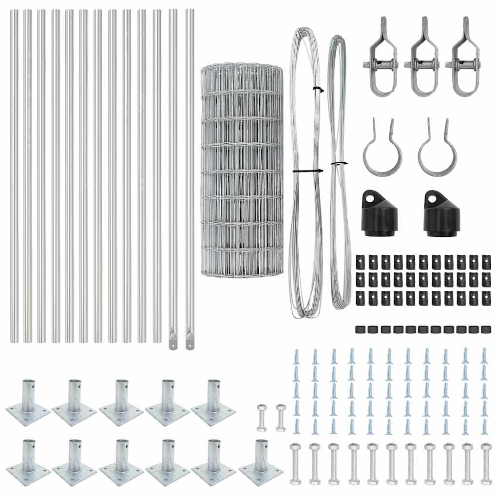 Silberner Maschendrahtzaun 0,6 x 25 m aus Stahl Modernes Design Robustes Gartenzaun-Set mit Pfosten und Zubehör für Hühnergärten und Kleintier-Volieren