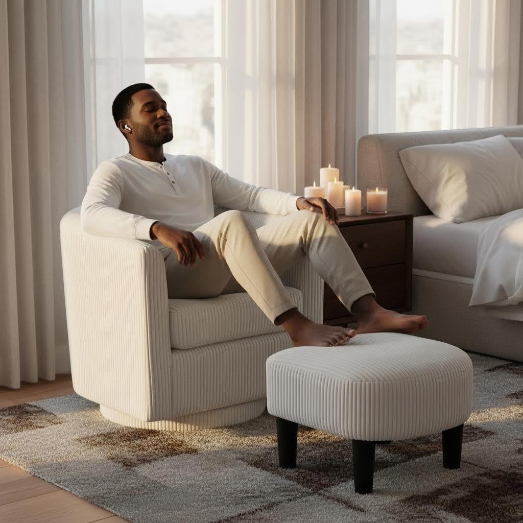 360° Swivel Corduroy Accent Chair with Ottoman – Reclining Armchair for Living Room & Bedroom, Single Sofa with Full Rotation Base (White)