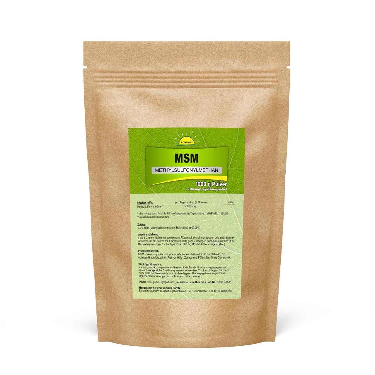 Premium MSM Pulver, 3 kg (3 Beutel à 1 kg), 99,96% Reinheitsgrad, 60-80 Mesh, ohne Siliziumdioxid, ohne DMSO-Rückstände