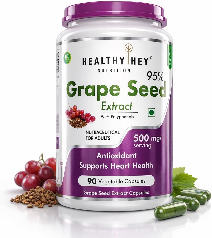 HealthyHey Nutrition Grape Seed Extract | Maximum Strength | 95% Polyphenols | 3 Month Supply | 90 Veggie Caps | (Pack of 1)