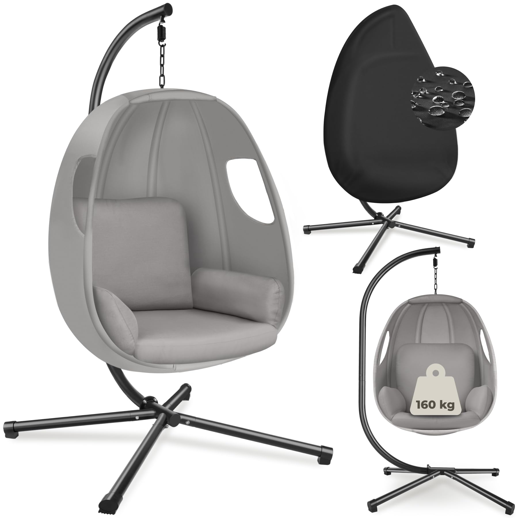 tectake® Hanging Chair with Thick Seat & Back Cushion, 360° Swivel Hammock with Steel Stand, 160 kg Load, Incl. Protective Cover, Weather-Resistant Egg Chair for Indoor & Outdoor Use - Light Grey