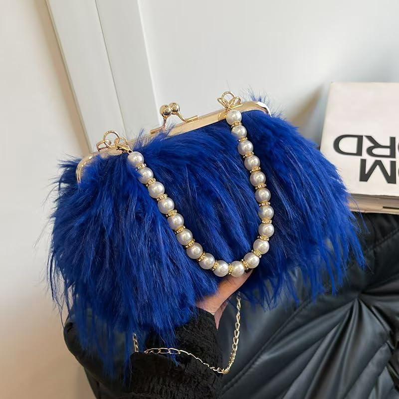 Women Pearl Ostrich Feather Tote Bag Fluffy Purse Clutch Feather Evening Handbag for Wedding Party (4) - Image 3