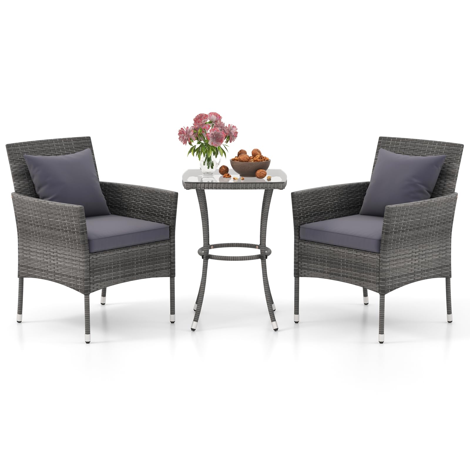 DORTALA Wicker Patio Furniture Set 3 Piece, Small Outdoor Table & Chairs with Tempered Glass Tabletop, Cushions, Rattan Conversation Bistro Set for Balcony, Porch, Backyard, Deck, Mix Gray+Gray - 1