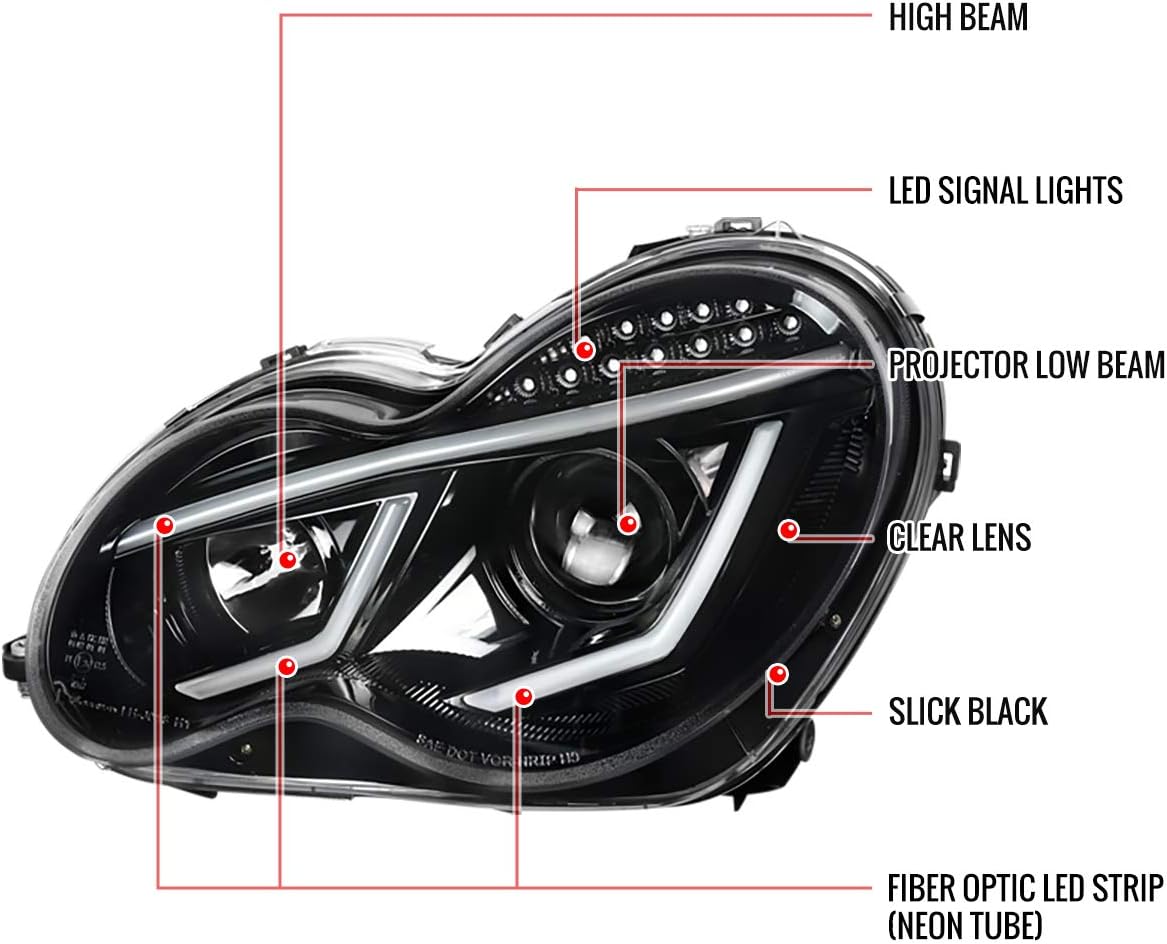 Carpartsinnovate Fits 01-07 Mercedes Benz W203 C-Class Pearl Black Projector Headlights w/LED Signal