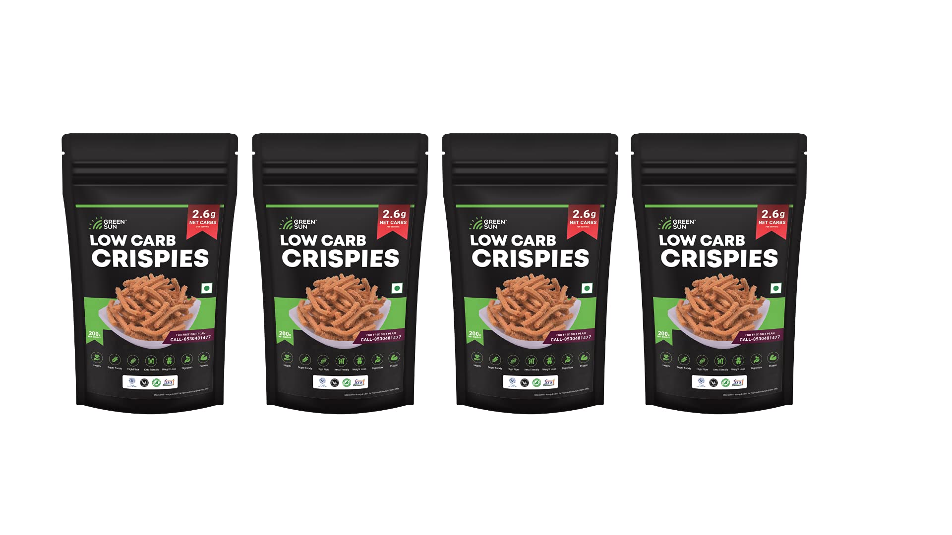 GREEN SUN Low Carb Crispies | Pack of 4 | Healthy | Chakli | Murruku | Spirals | Keto Friendly | Tasty Savoury Snack | Namkeen | Low Calorie (B09HRX8RV9) Amazon Price History, Amazon Price Tracker
