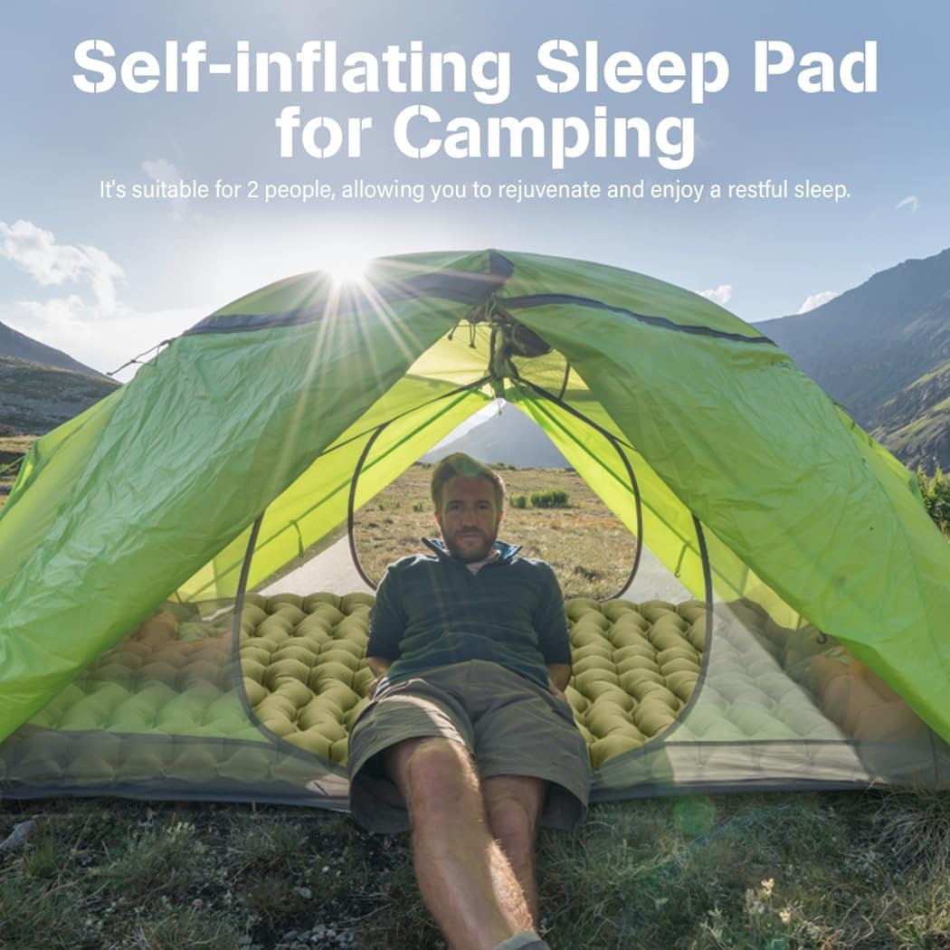Camping Double Sleeping Pad, Inflatable 78.7 x 55 x 3.9 Inches Self-Inflating Mat with Foot Pump, Adjustable Pillow for Hiking, Climbing, Backpacking, Traveling