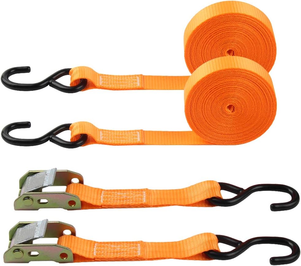JCHLRoll Over Image to Zoom in Ratchet Tie Down Straps, Lashing Straps Cargo Tie Down Strap 1" x20' Polyester Webbing Coated S-Hooks Cambuckle Metal Buckles 1000lbs Capacity Securing Straps Orange