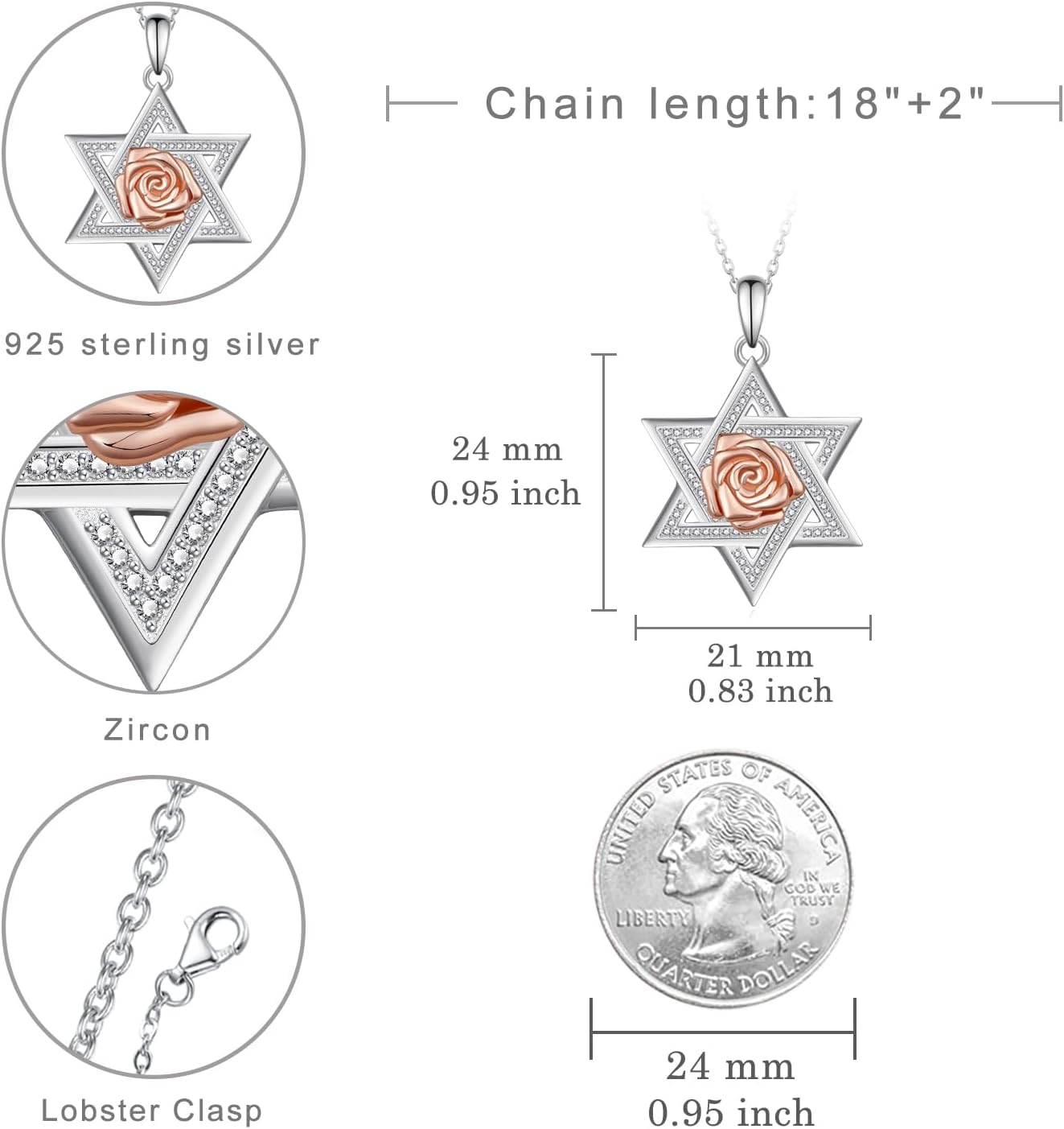 Star of David Necklace 925 Sterling Silver Rose Flower/Turquoise Jewish Star Necklace Jewish Gifts Jewelry for Women Men - Image 4