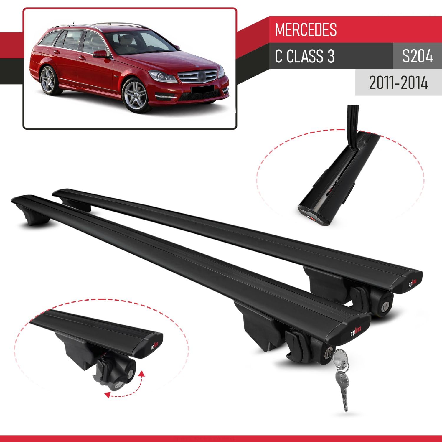 Kompatybilny z Mercedes C Class 3 (S204) Post-Facelift 2011-2014 HOOK Model Aluminiowe poprzeczki dachowe Czarny 2 szt.