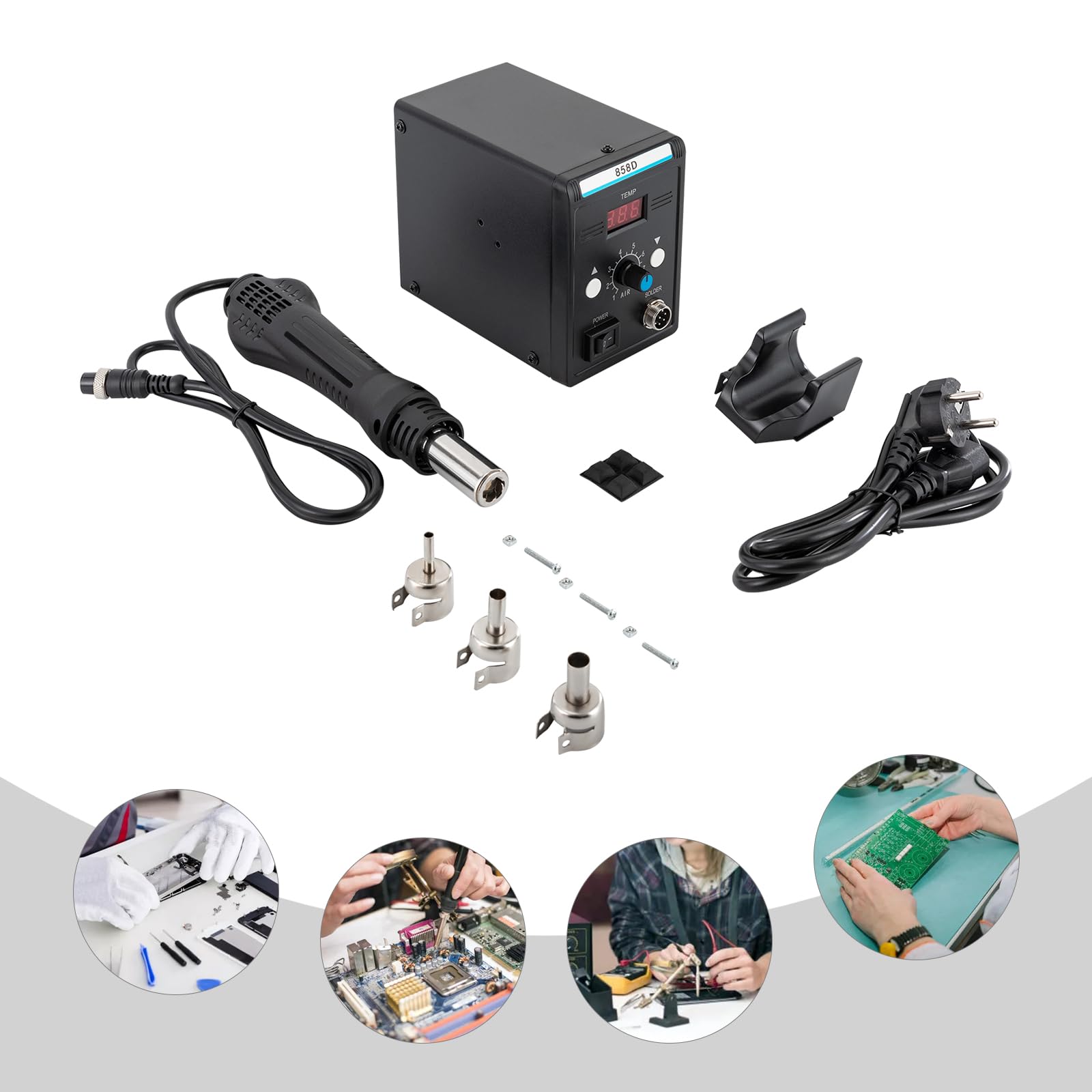 Stacja lutownicza 700 W, stacja lutownicza 2 w 1, 100-500℃ LED | Czujnik kąta automatycznie przełącza się na tryb czuwania PTC ceramiczny grzejnik LED 3 dysze, wtyczka UE do SMD/DIY