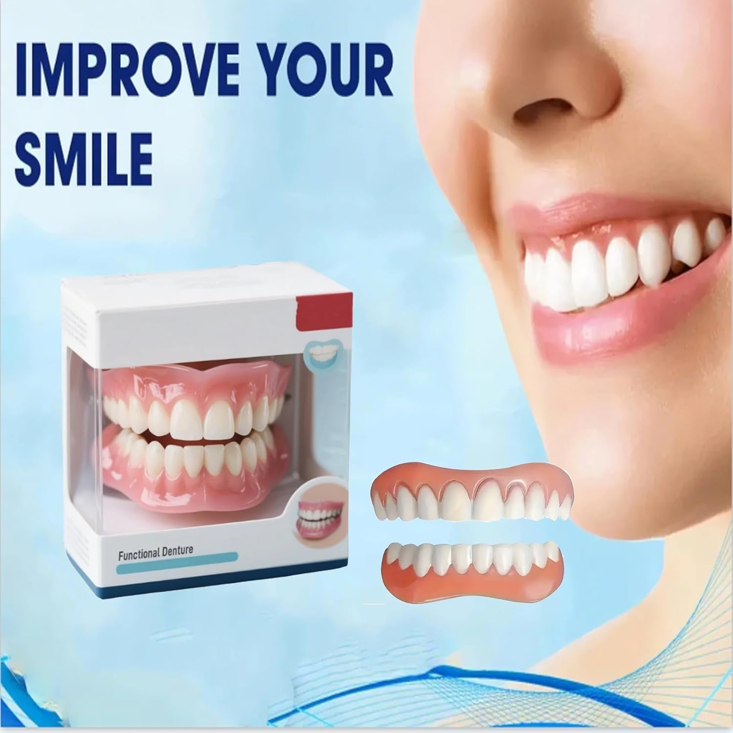 Protesi dentarie, Set di protesi dentarie in silicone multifunzionali, Kit di rivestimento per protesi a scatto, Protesi dentarie in silicone comode per arcata superiore e inferiore (3 set)