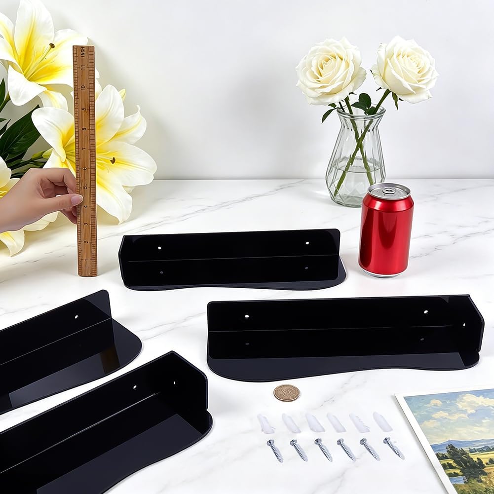 FINGERINSPIRE 4 Pcs Acrylic Shoe Display Wall Mounted Floating Shoe Shelf 11.89x3.80x1.69 inch Black Shoes Organizer Holder with 4mm Pre-drilled Holes for Bedroom Mudroom for Space Saving Storage