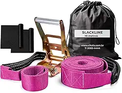 Slackline 10 M Rosa com Catraca Reforçada – Suporta 2 Ton, Cinta com Alças, Protetores e Bolsa de Transporte