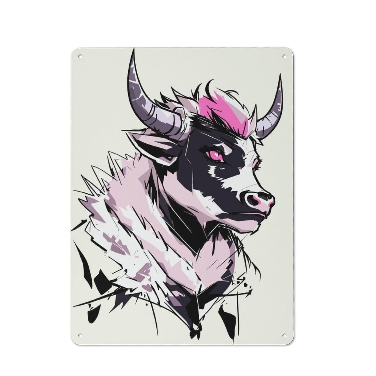 Junmoney Pink Bull Illustration Metal Wall Sign 40X30cm, Retro Decor For Home Bar Wall, For Metal Sign Collectors, For Garage And Workshop Walls