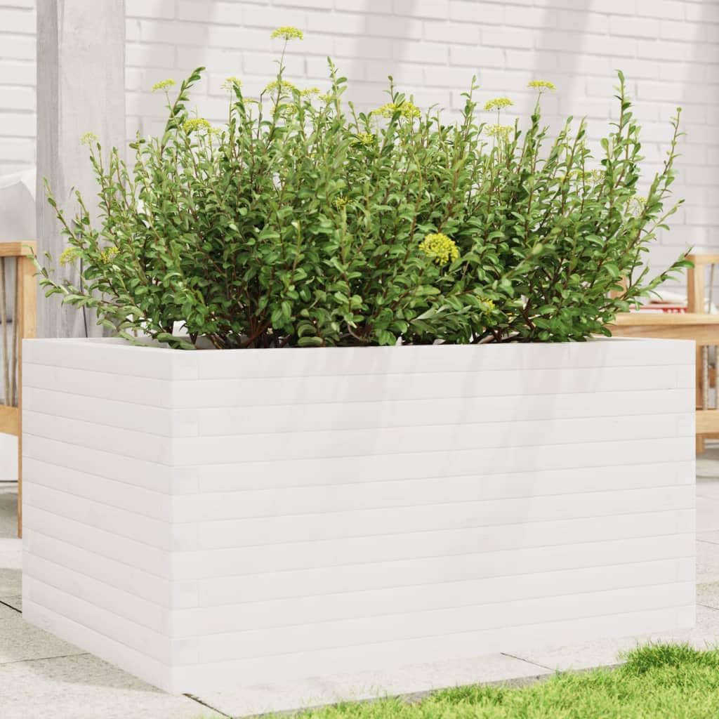 Macetero blanco de pino macizo, 90 x 60 x 45,5 cm, jardinera con suelo abierto para jardín, terraza, balcón, resistente a las heladas, almacenamiento de agua, protección visual, interior y
