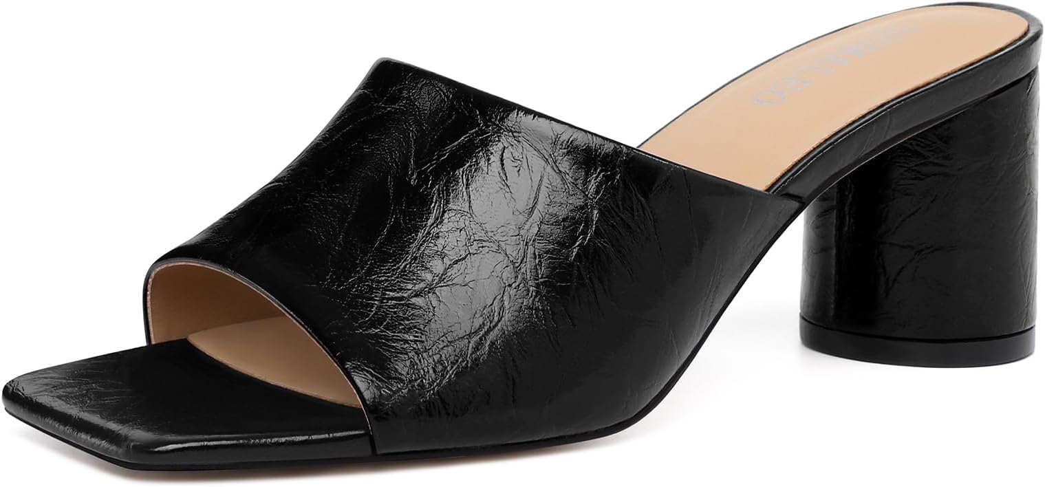 Women's Chunky Mule Heels Square Open Toe Slide Sandals, Comfortable Slip On Shoes for Casual Work & Dressy Occasions, Spring Summer 2.6 Inch