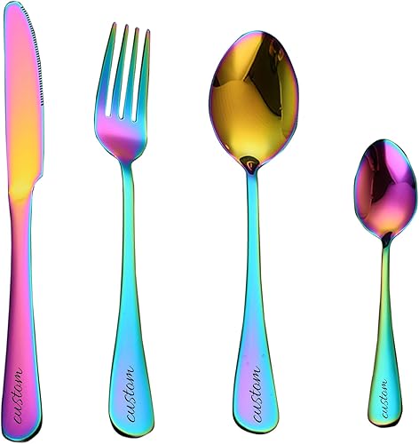 Juego de cubiertos personalizados grabados de 4 piezas de 9 pulgadas, cubiertos de acero inoxidable con cuchara, cuchillo, tenedor, acabado espejo,