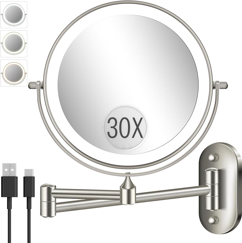VFD 8'' 30X/1X Wall Mounted Lighted Magnifying Makeup Mirror with Lights