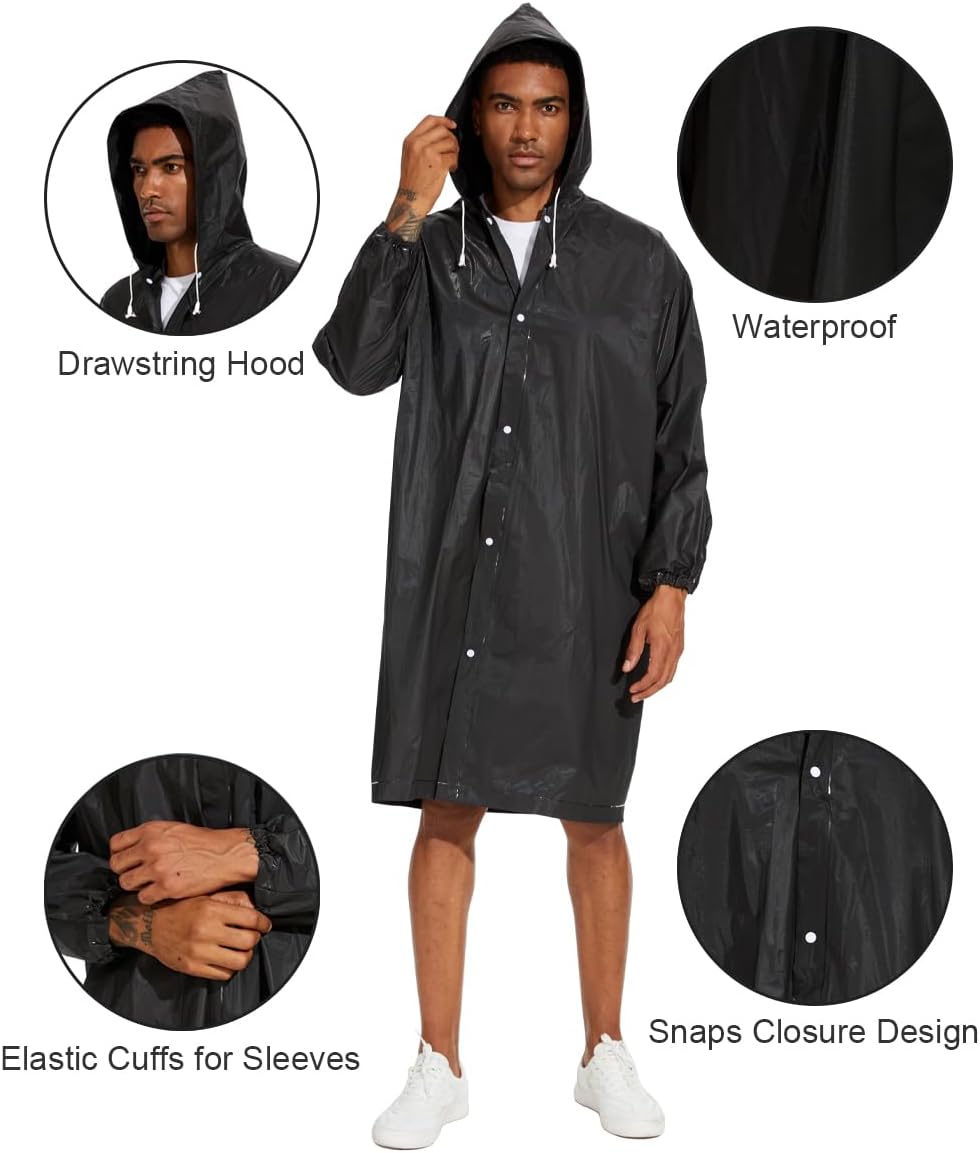 OFFITECTURE 2-Pack Reusable Rain Ponchos for Adults – Hooded Raincoats for Women/Men with Drawstring