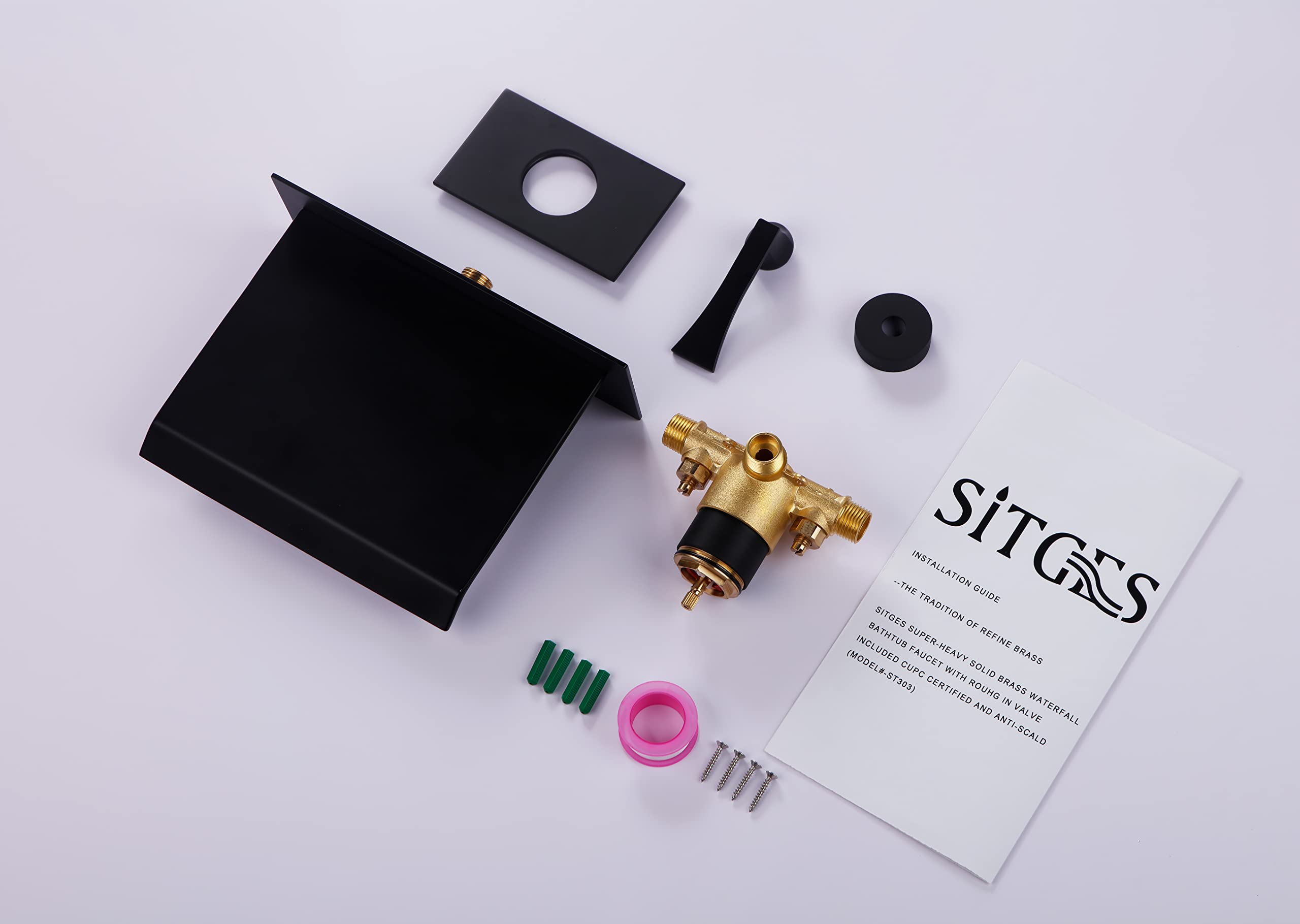 SITGES High Flow Wall Mount Tub Filler, Single Lever Handle Control with Large Waterfall Tub Spout, cUPC Certificated, Pressure Balance Rough in Valved Included, Matte Black