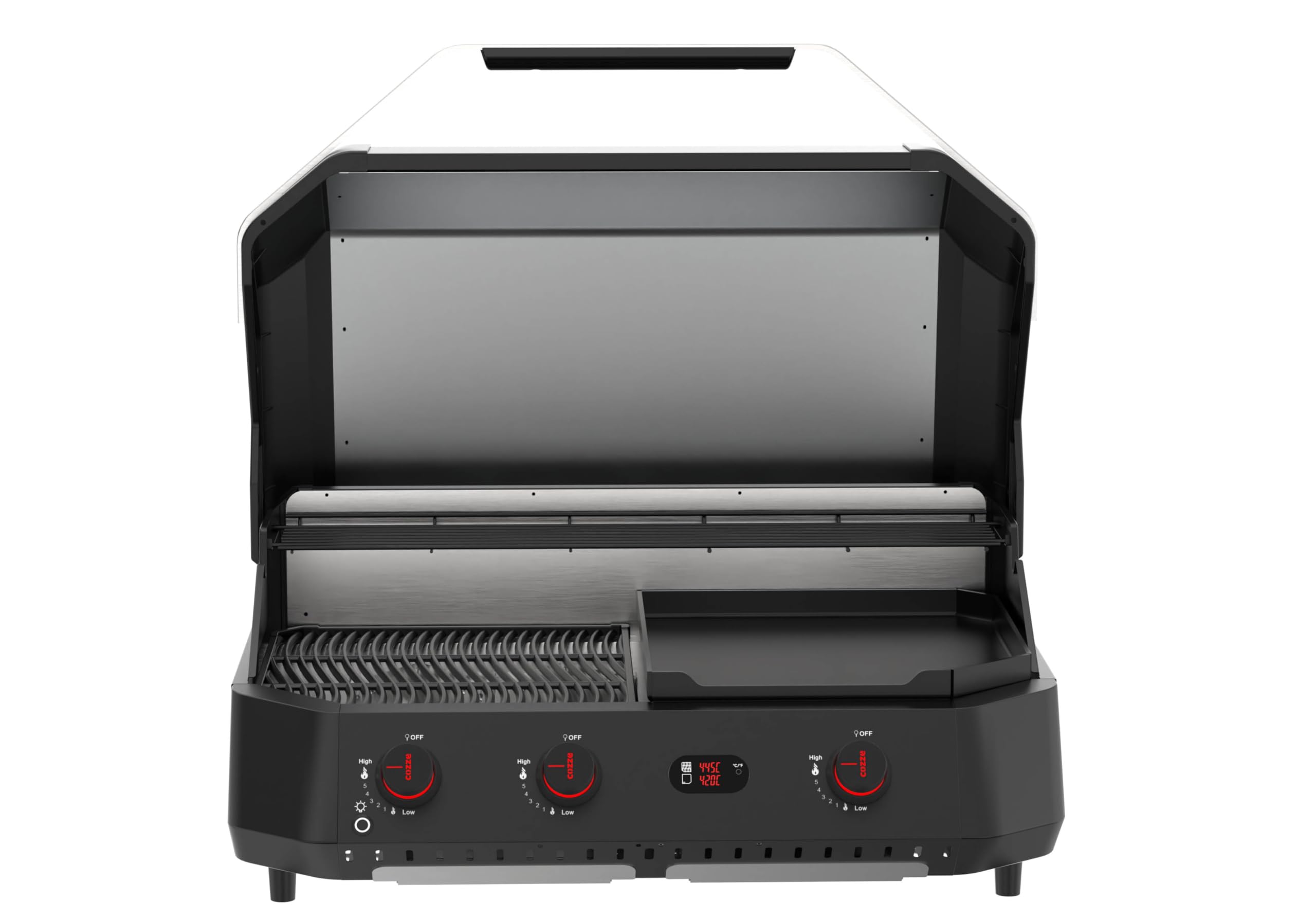Cozze G-800 Combo Plancha-Grill a Gas 30 mbar, 3 Bruciatori 9,5 kW, Griglia + Piastra in Ghisa Smaltata, 2 Termometri Digitali, per Cucina Outdoor