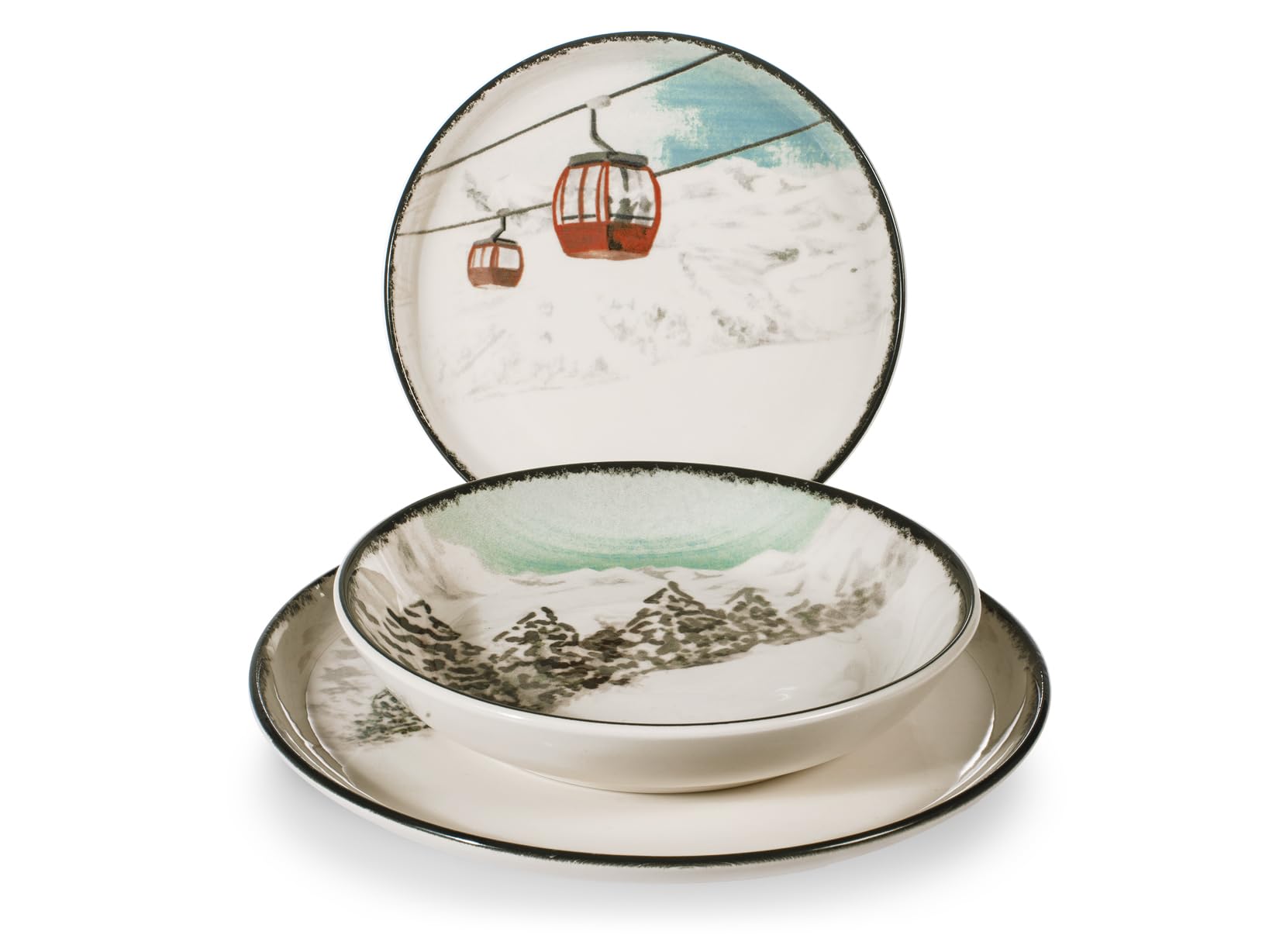 H&H Service de Table Noël 12 Pièces Winter Escape en Grès - Assiettes Plates, Creuses et à Dessert - Illustrations Vintage de Skieurs, Idéal pour Créer une Table Élégante et Moderne pour Noël