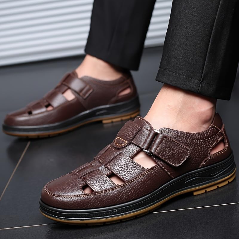 Men's Solid Colour Vintage Top Grain Cow Leather Upper Close Toe Sandals, Comfy Non Slip Hook & Loop Fastener Beach Water Shoes3