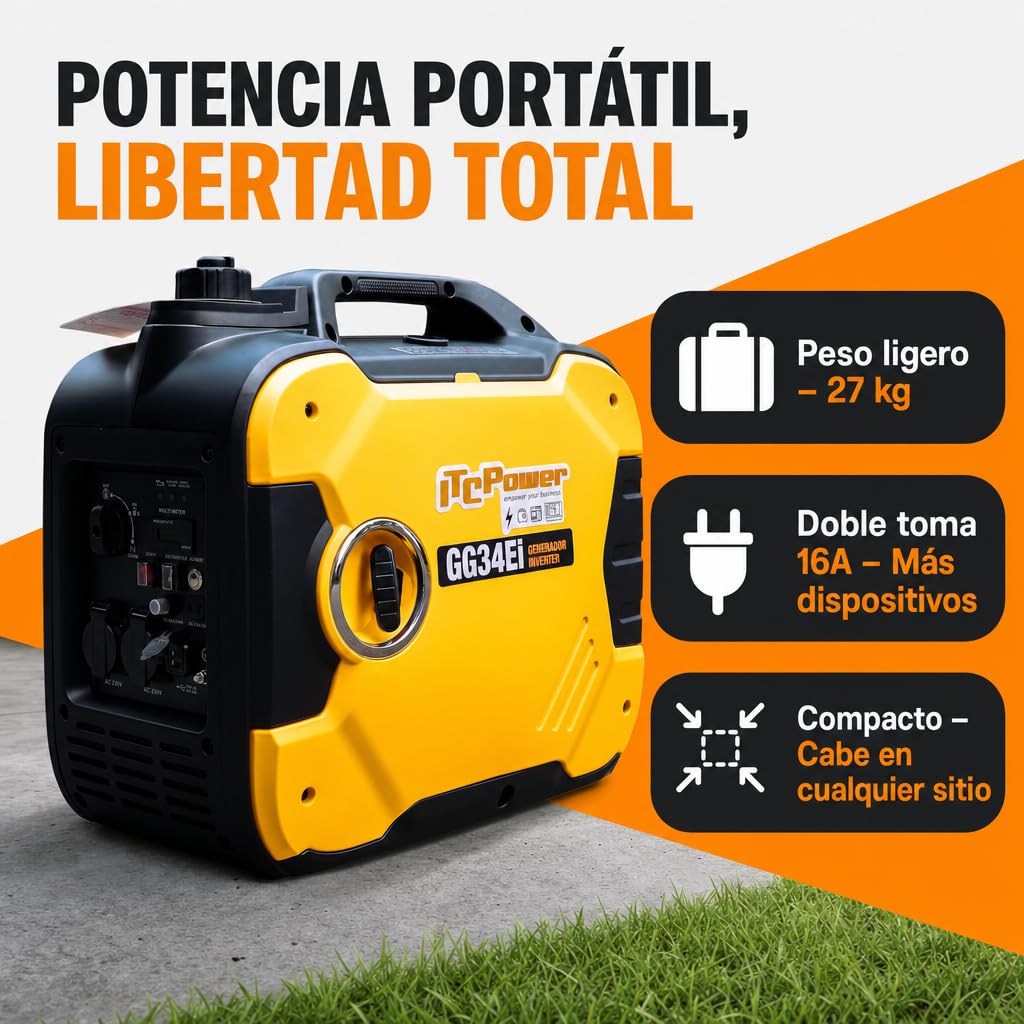 ITCPower Generador Inverter Gasolina GG34EI – Potencia 3400W Máx / 3200W Nominal – Arranque Manual y Eléctrico – 2 Tomas 16A – Bajo Ruido 64dBA – Portátil 27kg