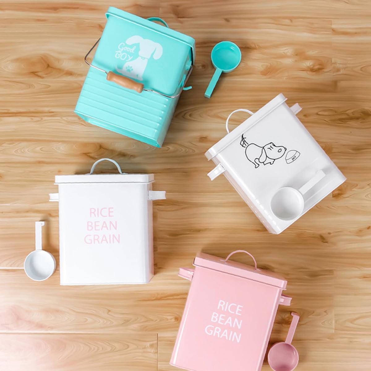 Pink Pet Food Storage Bin Airtight Metal Sealed Container with Spoon Moisture-Proof for Dog and Cat Food