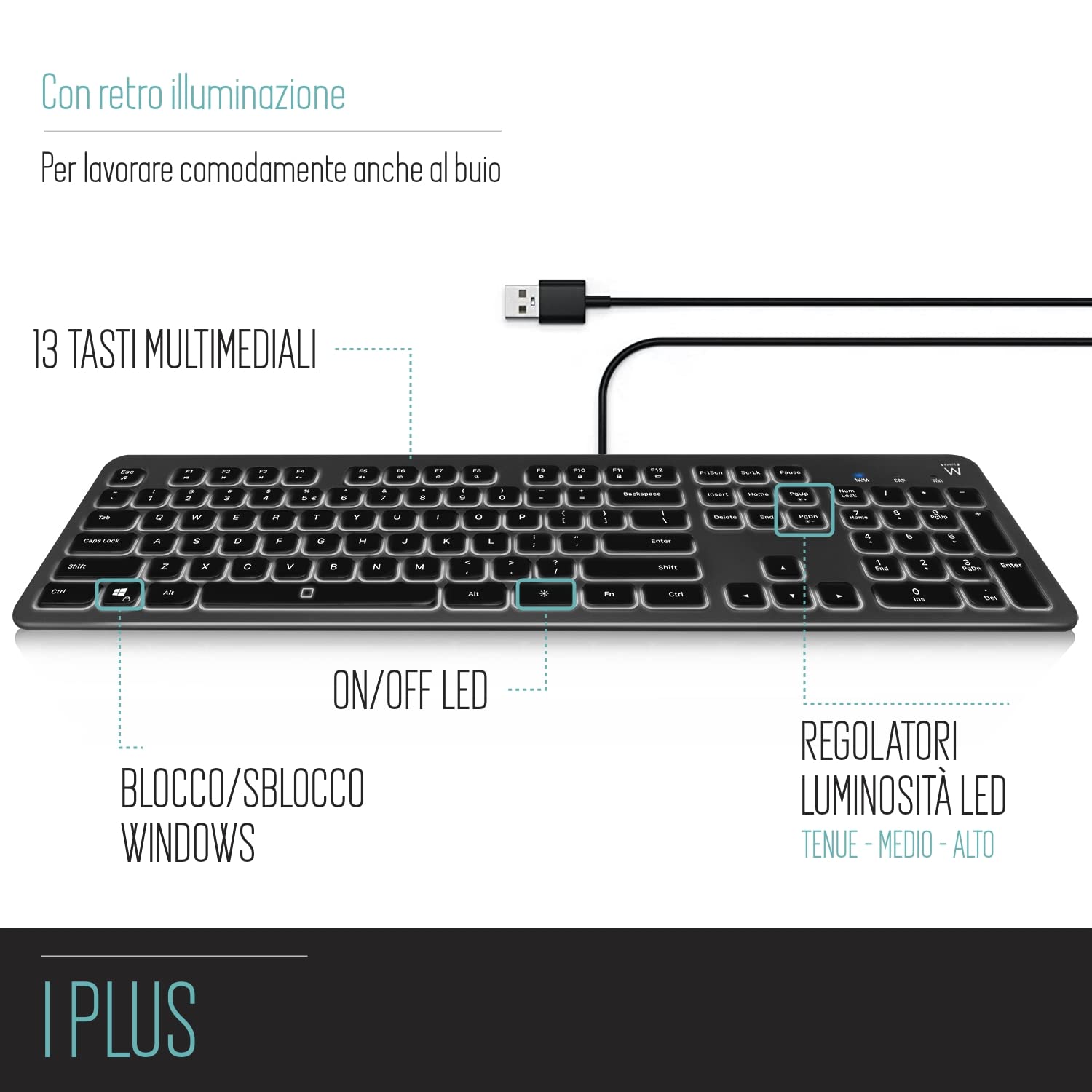 Ewent Tastiera retroilluminata a LED EW3268, cablata USB, dimensioni standard, caratteri grandi, layout QWERTY italiano, nero/grigio